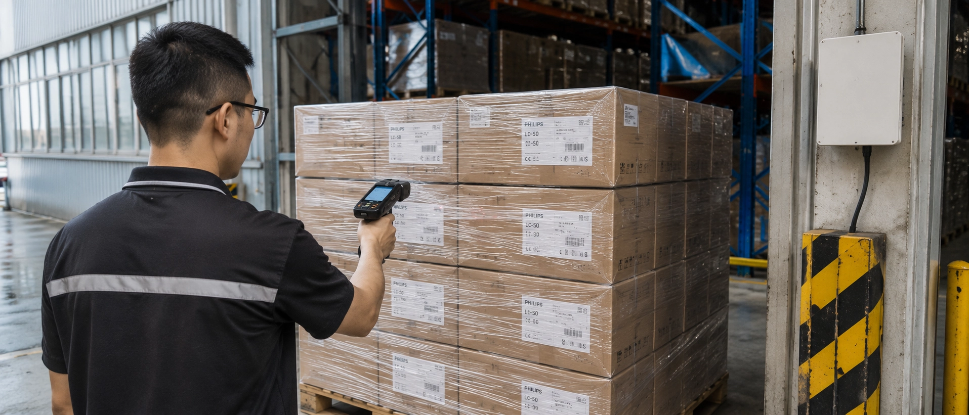 Logistics warehouse operator scanning shipment pallets using long-range UHF RFID readers to verify anti-counterfeiting batch IDs Logistics warehouse operator scanning shipment pallets using long-range UHF RFID readers to verify anti-counterfeiting batch IDs